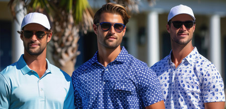 Three men wearing fashionable golf attire and sunglasses standing outside under a sunny sky. Representation of leisure activities, outdoor sports fashion, and style.の素材