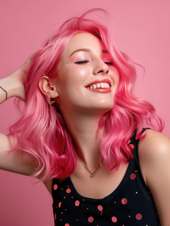 Smiling woman with vibrant pink hair posing against a matching pink background. Concepts of colorful self-expression, confidence, and vibrant lifestyle.の素材