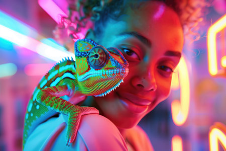 Woman with colorful chameleon on shoulder under neon lights, close-up of her smiling face. Concepts of vibrant nightlife, unique pets, and joyful companionship.の素材