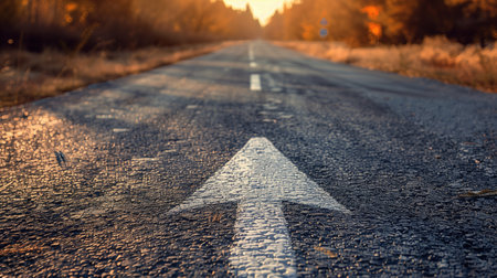 Empty asphalt road with arrow pointing forward surrounded by autumn foliage at sunset. Concepts of direction, travel, and seasonal change.の素材