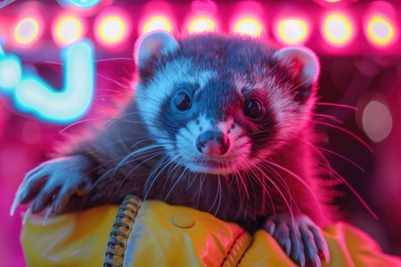 Adorable ferret with bright eyes resting on a yellow jacket against a vibrant neon background. Concepts of pets, companionship, and colorful aesthetics.の素材