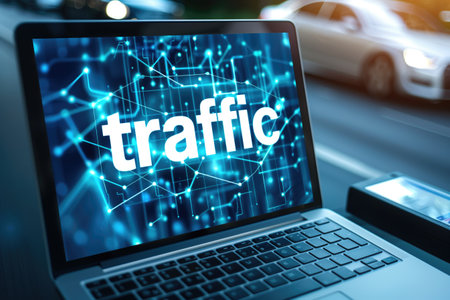 Laptop displaying "traffic" on screen with digital network graphics and blurry highway in background. Concepts of internet traffic, connectivity, and digital communication.の素材
