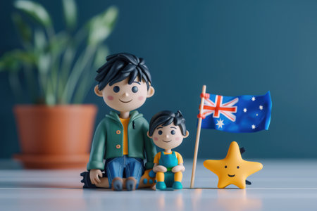 Clay figures of parent and child with Australian flag and plant in the background. Concepts of family, national pride, and home decor.の素材