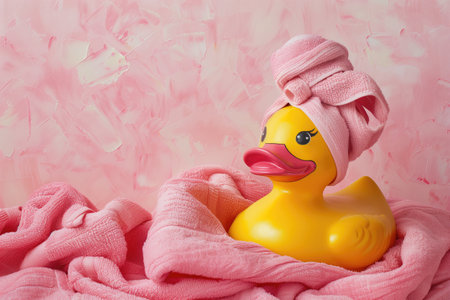 Yellow rubber duck with a towel wrapped around its head and draped in pink towels, against a textured pink background. Concepts of cleanliness, spa relaxation, and playful bath time.の素材