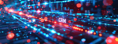 Futuristic digital display with CRM text and glowing data points in cyber background. Concepts of technology, data management, and customer relationship management.の素材