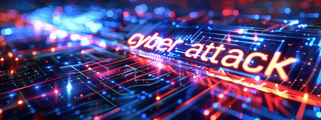 Vivid digital background with the text 'cyber attack' illuminated in red and blue lights. Concepts of cybersecurity threats, hacking, and digital security awareness.の素材