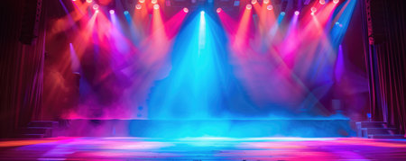 Vibrant stage illuminated with multicolored lights emitting purple, blue, red, and pink hues. Concepts of entertainment, live performance, and theatrical lighting effects.の素材