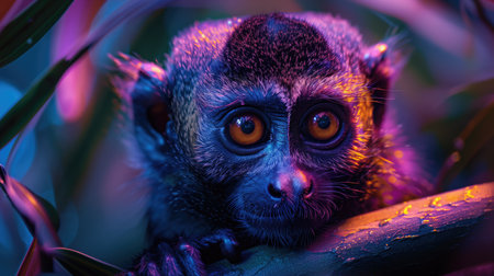 Vividly lit night monkey with expressive eyes in neon jungle environment. Concepts of wildlife, nature, and vibrant color palettesの素材