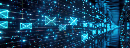 Digital holographic projection of email icons in a futuristic data tunnel. Concepts of communication, technology, and connectivity.の素材