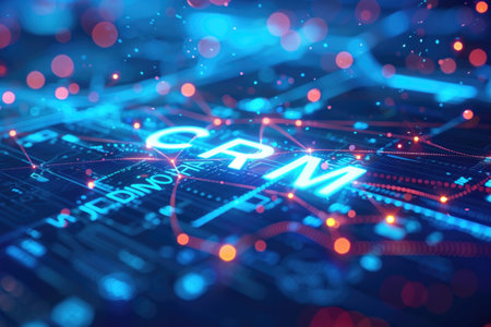 Neon CRM text on dark digital background with glowing lines and nodes. Useful for concepts of customer relationship management, technology, and data connectivity.の素材