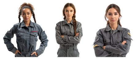 Three confident women in industrial work uniforms posing against a plain white background. Concepts of gender diversity, empowerment, and women in the workforce.の素材