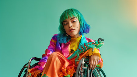 Vibrantly dressed woman with colorful hair holding a chameleon in a wheelchair against a teal background. Concepts of diversity, confidence, discrimination representation, and unique style.の素材