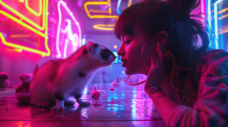 Woman interacting with ferret in neon-lit room with colorful and vibrant lights. Concepts of bonding, modern aesthetics, and playful atmosphere.の素材