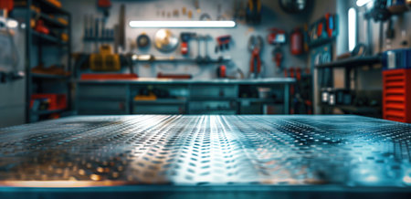 Automotive workshop with metal workbench and various tools on shelves and walls. Concepts of craftsmanship, machinery, and manual work.の素材