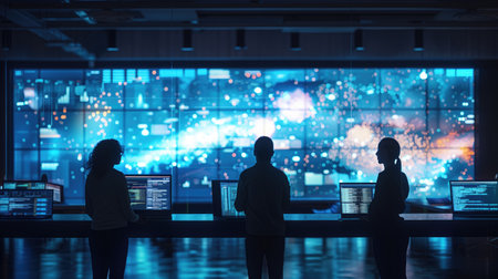 Silhouettes of professionals working on computers in front of a large digital screen with data visuals. Concepts of technology, data analysis, teamwork, and modern workspace.の素材