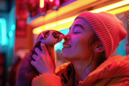 Young woman in winter clothing enjoying a close moment with her pet ferret under vibrant neon lights. Concepts of pet companionship, urban lifestyle, and colorful experiences.の素材