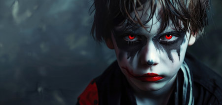 Child in dark makeup, red eyes, and somber expression against a gloomy background. Concepts of eerie, Halloween, and horror themes in photography.の素材