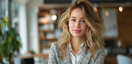 Confident woman in business attire with a soft smile and informal office background. Concepts of professionalism, CEO, and career successの素材