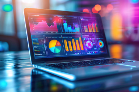 A laptop displaying vibrant and colorful data analytics charts in a modern office setting. Concepts of technology, data analysis, traffic, business intelligence, and digital toolsの素材