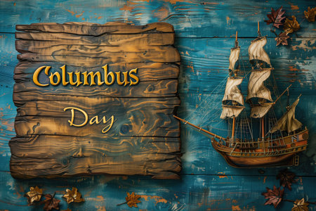 Wooden sign with "Columbus Day" text next to model sailing ship on distressed blue wooden background. Concepts of exploration, discovery, and historical celebrations.の素材