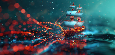 Intricate digital rendering of a sailing pirate ship with glowing particles against a dark seascape. Concepts of digital art, futuristic navigation, and innovation in maritime travelの素材