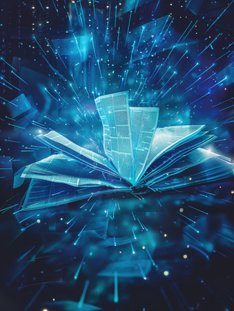 Futuristic open book with digital pages glowing in a vibrant blue light with a burst effect. Concepts of technology, digital transformation, and futuristic learning.の素材