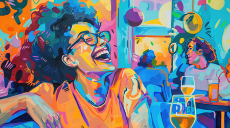 Vibrant and colorful painting of a joyful woman laughing in a lively, abstract setting. Concepts of happiness, art, and social interactions in a dynamic atmosphere.の素材