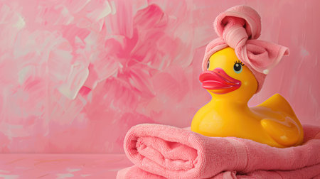 Yellow rubber duck with towel turban on stacked pink towels against a pastel pink background. Concepts of childhood, bath time fun, and playful moments.の素材