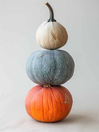 Three stacked pumpkins of different colors and sizes against a plain background. Visual representation of autumn, harvest, and seasonal decorations.の素材
