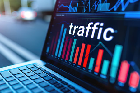 A laptop displaying traffic statistics with colorful graphs and charts in the background. Concepts of data analysis, technology, and business insights.の素材