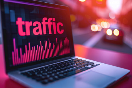 Laptop displaying traffic analytics with blurred city lights in the background. Concepts of data analysis, technology, and urban environment.の素材