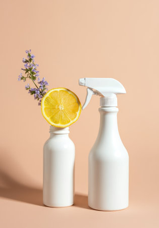 Two White Bottles with Lemon Slice and Purple Flower on Beige Background. Natural Cleaning Spray DIYの素材