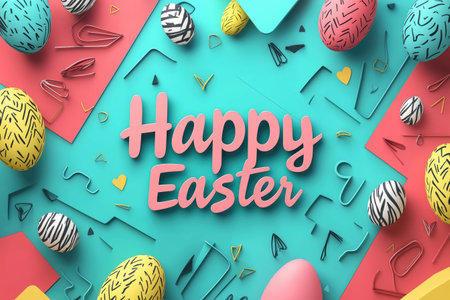 Colorful Easter greeting with decorated eggs and paper art.の素材