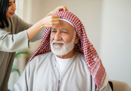 Elderly middle eastern man wearing keffiyeh with assistance indoors.の素材