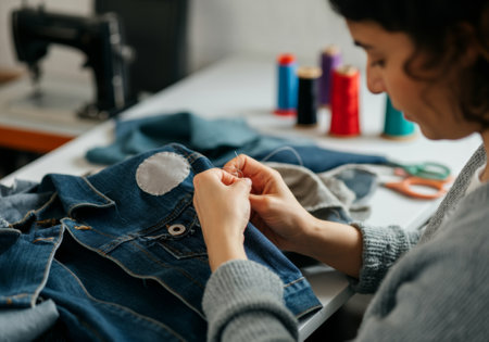 Woman mending denim jacket with sewing machine and threads on table.の素材
