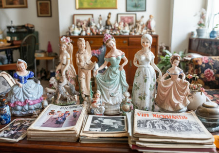 Vintage porcelain figurines displayed on table with old magazines, telling stories of nostalgia and history in cozy living room. Cluttercore style welcoming imperfection and the passage of time.の素材