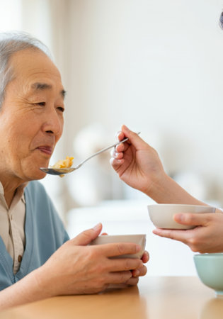 A Japanese caregiver feeding an elderly man soup, using a spoon with great care.の素材