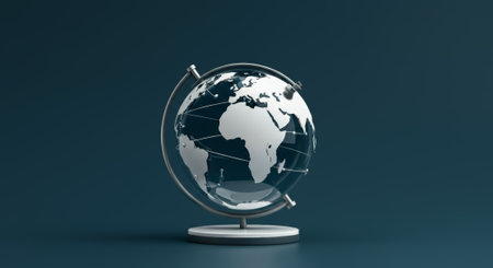 Minimalist white globe on dark teal background with Africa front view.の素材