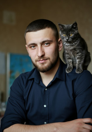 Young man with gray kitten on shoulder in casual setting.の素材