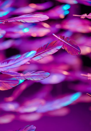 glowing kinetic installation made of metallic feathers, each catching the light in iridescent waves.の素材