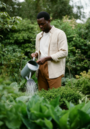 Young man watering lush green garden with metal watering can on a sunny day.の素材