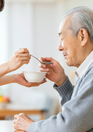 Senior Asian man being fed by caregiver in domestic setting.の素材