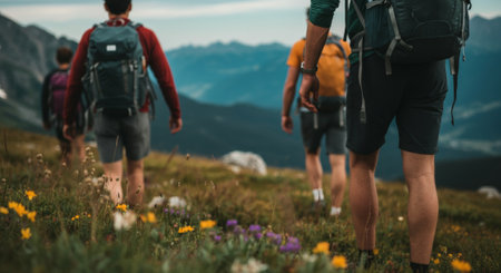 Group of hikers trekking through mountain landscape with wildflowers.の素材
