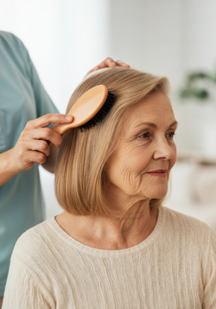 A Caucasian elderly woman having her hair gently brushed by a caregiver.の素材