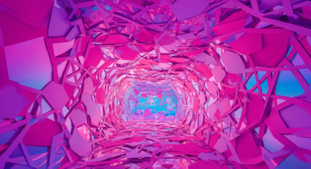 Abstract geometric tunnel with vibrant pink and blue fractals.の素材