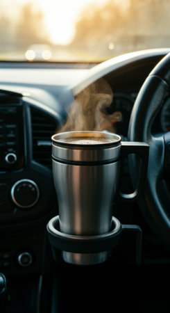 Steaming coffee mug in car cup holder by steering wheel in morning light.の素材