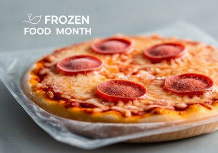 Close-up of packaged frozen pepperoni pizza celebrating frozen food month.の素材