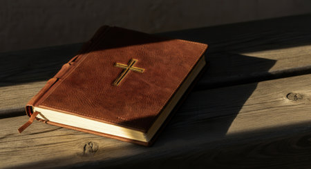 Leather-bound Bible with golden cross on sunlit wooden bench.の写真素材