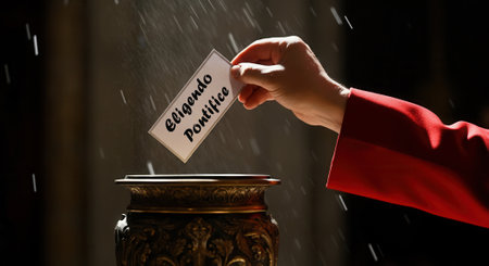 Cardinal hand placing ballot card inscribed with Eligendo Pontifice (Electing the Pontiff) into...