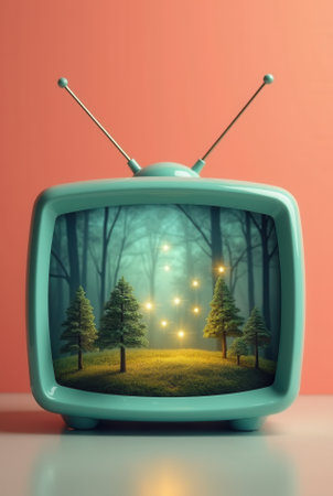 Retro tv with magical forest scene inside and glowing sparkles.の写真素材